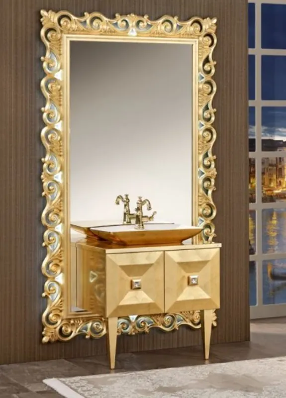 Billig Casa Padrino conjunto de baño barroco de lujo oro - Mesa de Lavado con Lavabo y Espejo de Pared - Muebles de Baño Suntuoso en Estilo Barroco