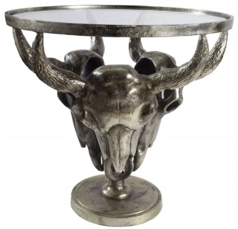 Ausverkauf Casa Padrino mesa de centro de diseño bronce antiguo Ø 56 x A. 53 cm - Mesa de salón redonda con 3 cabezas de toro decorativas y placa de vidrio - Muebles de Salón