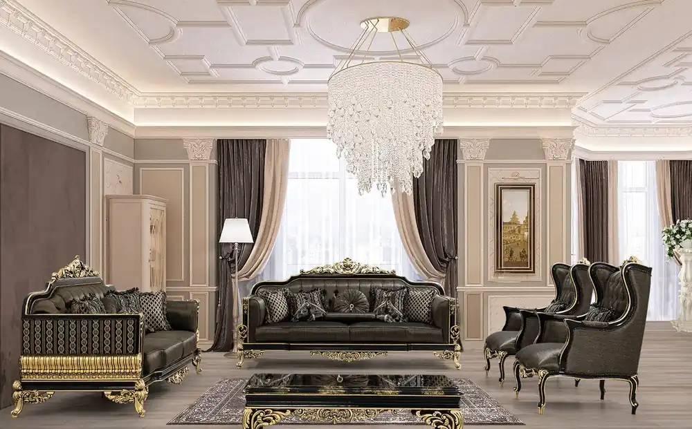 Casa Padrino conjunto de sala de estar barroco de lujo gris / negro / oro - 2 Sofás y 2 Sillones y 1 Mesa de Centro - Muebles de Salón Barrocos Adornados Schneller Versand