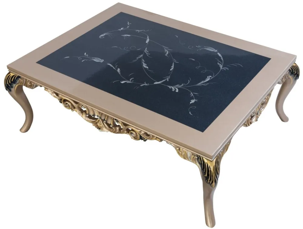 Casa Padrino mesa de centro barroco de lujo con placa de vidrio plata / negro / oro 128 x 95 x A. 46 cm - Mesa de salón adornada con un elegante diseño - Muebles de Salón en Estilo Barroco Markenware