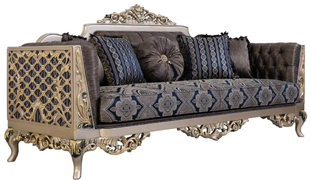 Neu Casa Padrino sofá barroco de lujo con cojines decorativas azul / plata / oro 226 x 90 x A. 110 cm - Muebles de Salón Barrocos