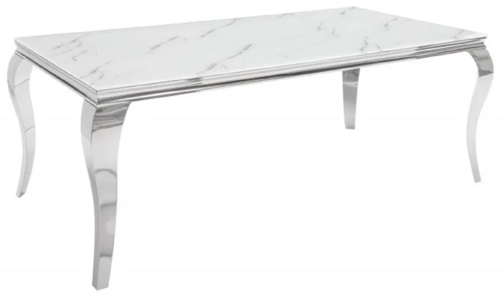 Markenprodukt Casa Padrino mesa de comedor de diseño blanco / gris / plata 180 x 95 x A. 75 cm - Mesa de cocina de acero inoxidable con vidrio de seguridad impreso digitalmente en aspecto mármol - Muebles barrocos modernos
