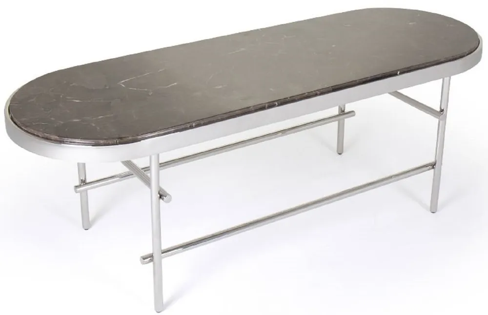 Casa Padrino mesa de centro de lujo marrón oscuro / plata 130 x 45 x A. 45 cm - Mesa de salón ovalada con encimera de mármol y marco de acero inoxidable - Muebles de Salón de Lujo Schneller Versand