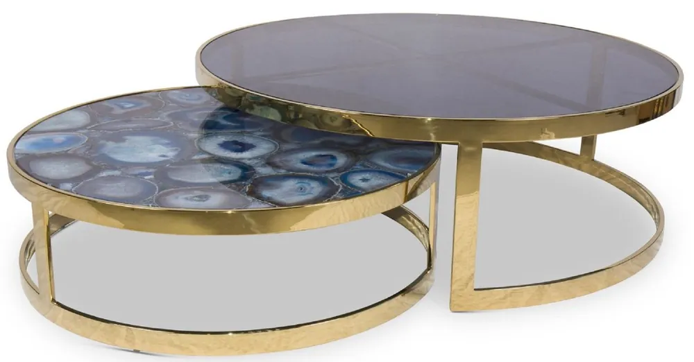Casa Padrino conjunto de mesa de centro de lujo azul / oro - 2 Mesas de salón redondas con piedras preciosas de ágata y placa de vidrio - Calidad de Lujo - Muebles de Salón de Lujo Must-Have