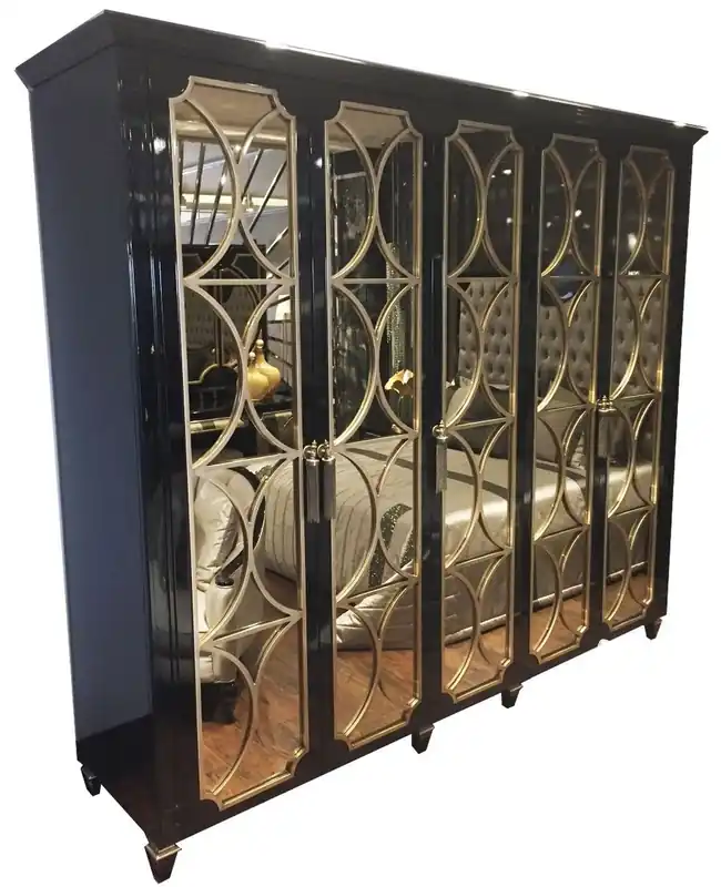 Casa Padrino armario de dormitorio barroco de lujo negro / oro 260 x 63 x A. 240 cm - Magnífico armario con 5 puertas de espejo - Calidad de Lujo Garantierte Lieferung