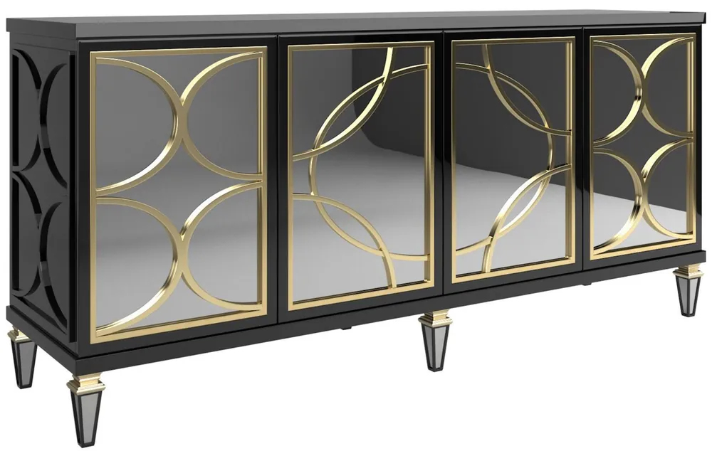 Casa Padrino aparador barroco de lujo negro / oro 220 x 55 x A. 105 cm - Gabinete magnífico con 4 puertas espejadas - Muebles Barrocos Mega-Angebot