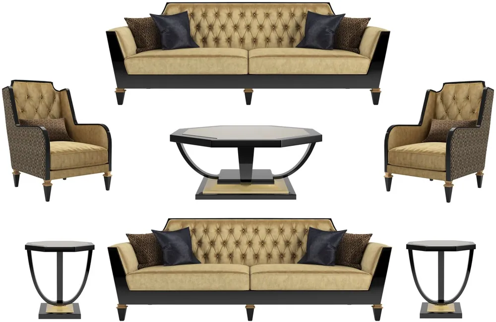 Online Kaufen Casa Padrino conjunto de sala de estar barroco de lujo oro / negro - 2 Sofás y 2 Sillones y 1 Mesa de Café y 2 Mesas Auxiliares - Muebles de sala en estilo barroco - Muebles Barrocos Nobles
