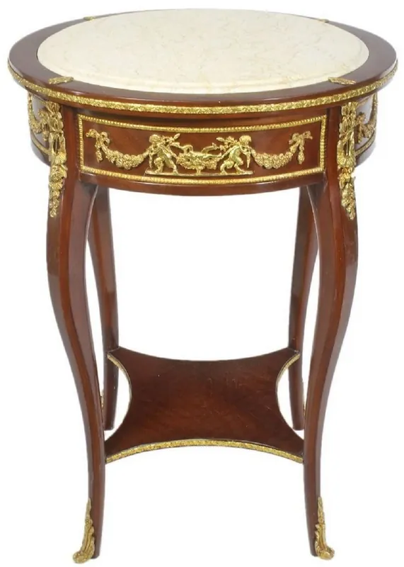 Casa Padrino mesa auxiliar barroco con encimera de mármol marrón / oro / crema Ø 45 x A. 75 cm - Mesa redonda de estilo barroco - Muebles Barrocos Echt