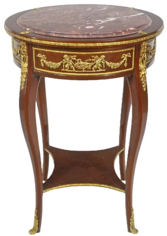 Echt Casa Padrino mesa auxiliar barroco con encimera de mármol marrón / oro / rojo Ø 45 x A. 75 cm - Mesa redonda de estilo barroco - Muebles Barrocos