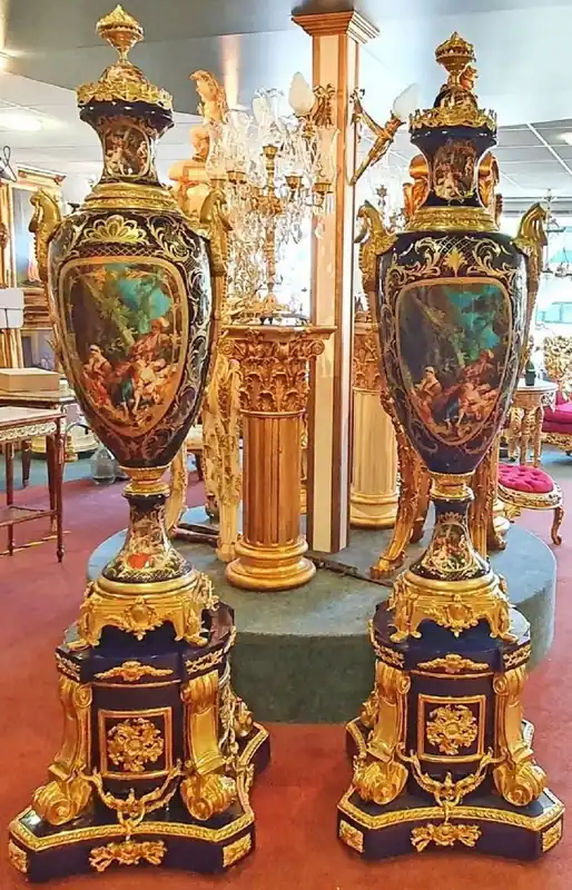 Casa Padrino conjunto de jarrones de cerámica barroco con pedestal azul cobalto / oro 60 x 60 x A. 215 cm - Conjunto de decoración magnífica - Accesorios de Decoración de Hoteles y Restaurantes Preisknaller