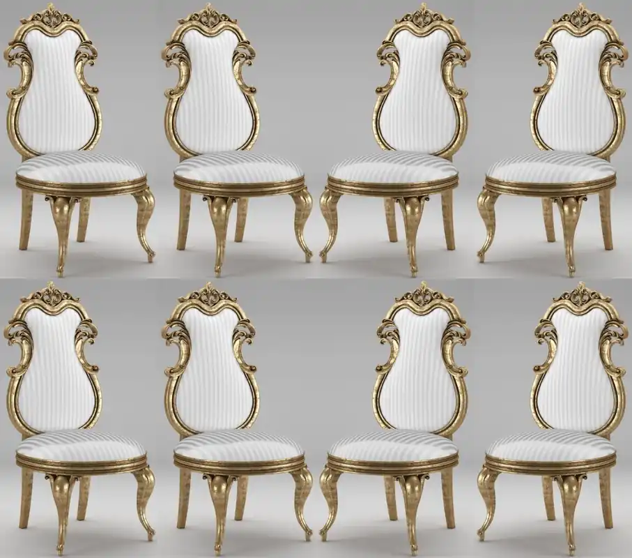 Preisknaller Casa Padrino conjunto de sillas de comedor barroco de lujo blanco / plata / oro antiguo 55 x 55 x A. 120 cm - Sillas de cocina con rayas magníficas - Conjunto de sillas barrocas de 8 - Muebles de Comedor