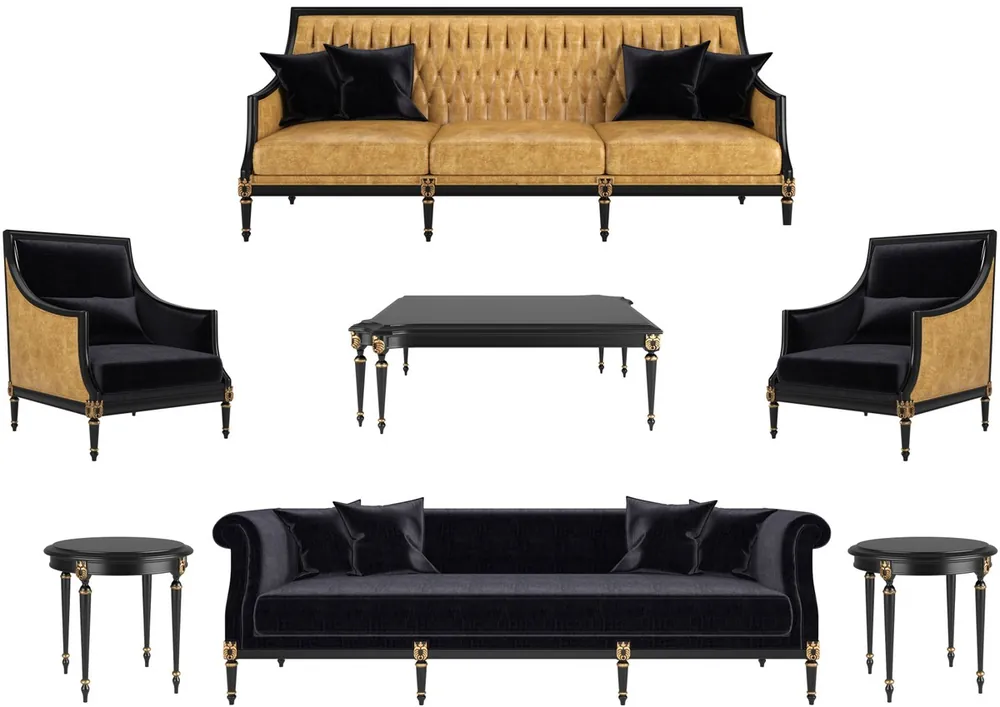 Casa Padrino conjunto de sala de estar barroco de lujo oro / negro / oro antiguo - 2 Sofás y 2 Sillones y 1 Mesa de Café y 2 Mesas Auxiliares - Muebles de sala en estilo barroco - Muebles Barrocos Top-Preis