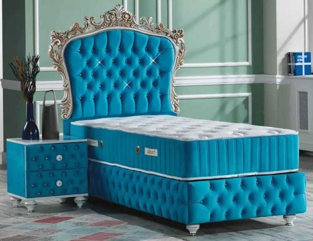 Casa Padrino conjunto de dormitorio barroco turquesa / blanco / plata / oro antiguo - Cama individual magnífico con mesita de noche - Muebles de dormitorio en estilo barroco Zertifiziert