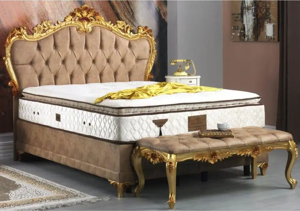 Expressversand Casa Padrino conjunto de dormitorio barroco marrón / oro - Cama doble magnífico con banco - Muebles de dormitorio en estilo barroco
