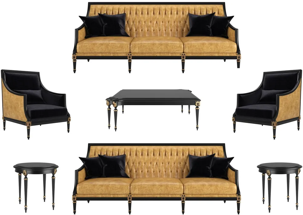 Garantierte Lieferung Casa Padrino conjunto de sala de estar barroco de lujo oro / negro / oro antiguo - 2 Sofás y 2 Sillones y 1 Mesa de Café y 2 Mesas Auxiliares - Muebles de estilo barroco - Muebles de salón barrocos nobles