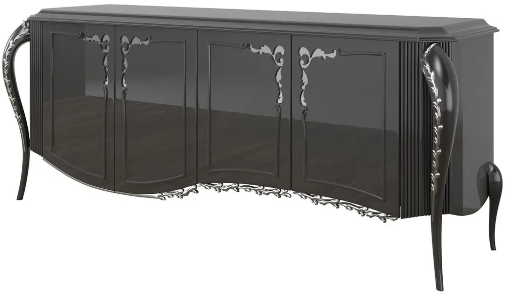 Preisknaller Casa Padrino aparador barroco de lujo negro / plata 218 x 56 x A. 94 cm - Mueble de salón noble con 4 puertas - Muebles Barrocos