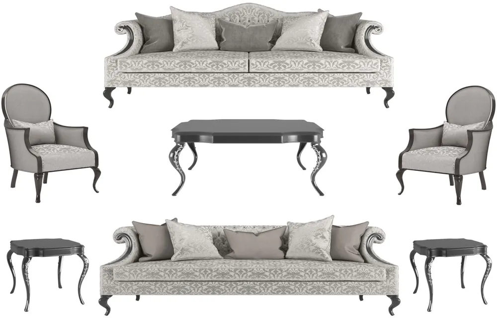 Top-Angebot Casa Padrino conjunto de sala de estar barroco de lujo plata / gris / negro - 2 Sofás y 2 Sillones y 1 Mesa de Café y 2 Mesas Auxiliares - Muebles de sala en estilo barroco - Muebles Barrocos