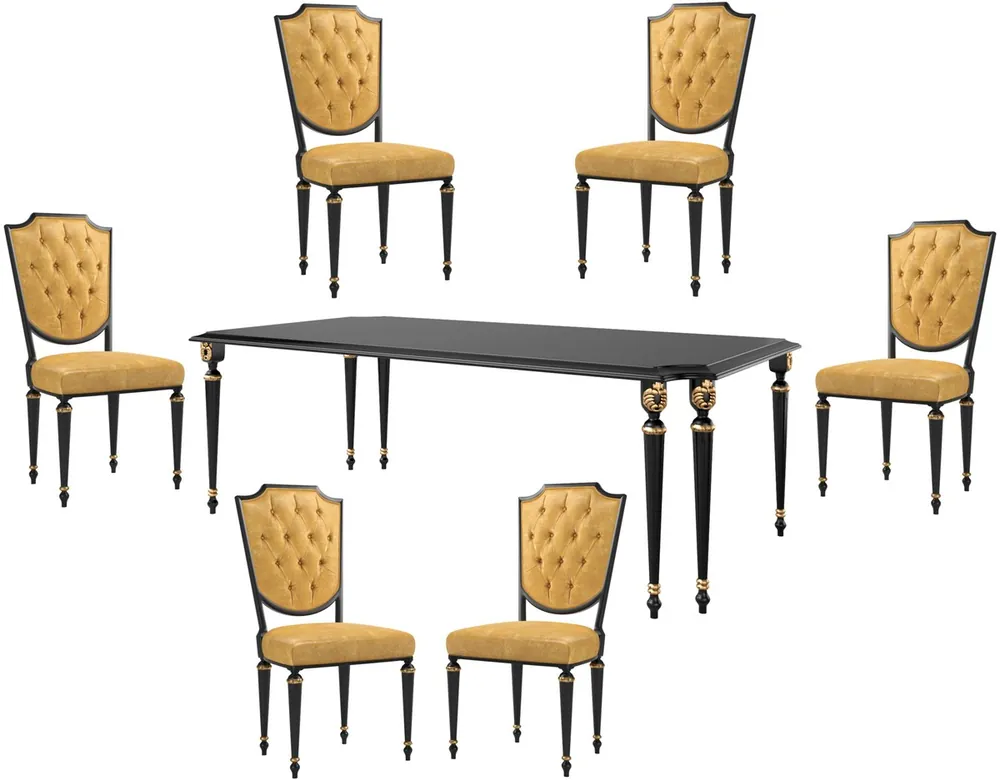 Casa Padrino Conjunto de Comedor Barroco de Lujo Oro / Negro / Oro Antiguo - 1 Mesa de Comedor y 6 Sillas de Comedor con Cuero de Alta Calidad - Muebles de Comedor Barroco - Calidad de Lujo Abverkauf