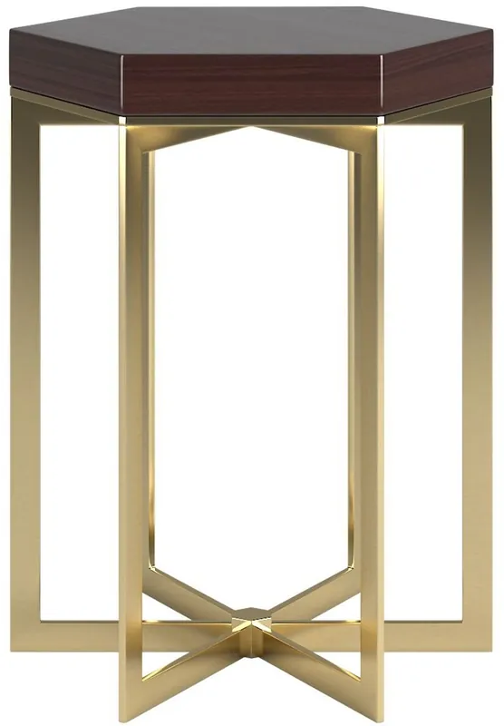 Casa Padrino mesa auxiliar de diseño marrón oscuro brillante / oro 50 x 50 x A. 65 cm - Noble mesa hexagonal con tablero de madera maciza y estructura de acero inoxidable - Calidad de Lujo Versand Am Gleichen Tag
