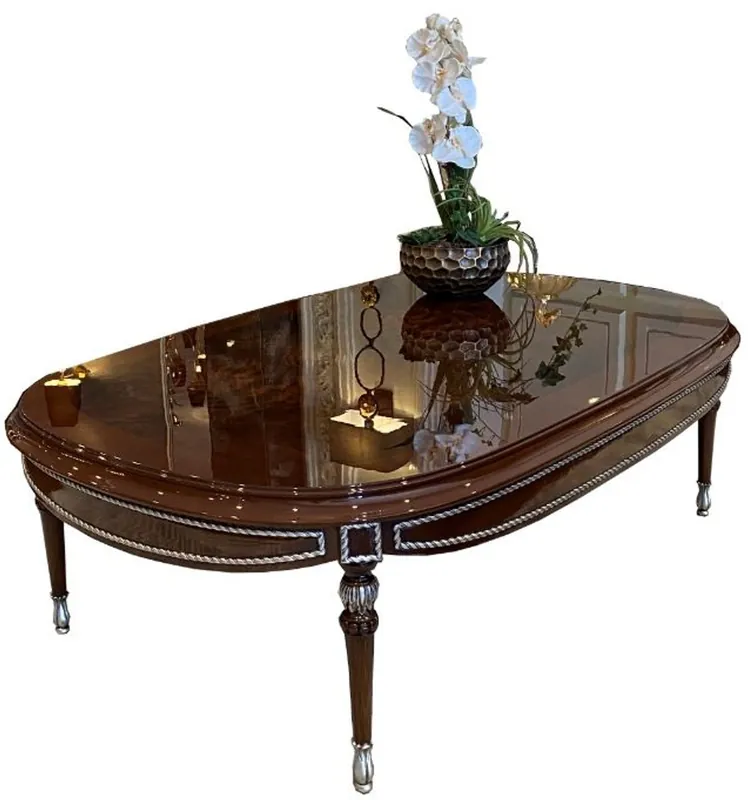 Aktuell Casa Padrino mesa de centro barroco de lujo marrón / plata 144 x 92 x A. 45 cm - Mesa de salón ovalada de madera maciza - Muebles de salón barrocos nobles