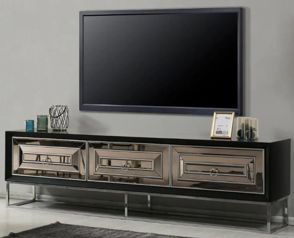 Casa Padrino gabinete TV de lujo con 3 cajones espejados negro / plata 220 x 49 x A. 64 cm - Muebles de sala - Calidad de Lujo Expressversand