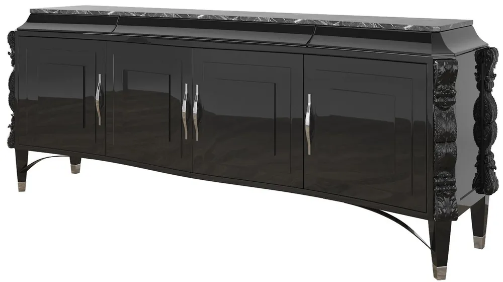 Direktkauf Casa Padrino aparador Art Decó de lujo negro / plata 220 x 50 x A. 90 cm - Gabinete de salón noble con 4 puertas y encimera de mármol - Muebles Art Deco