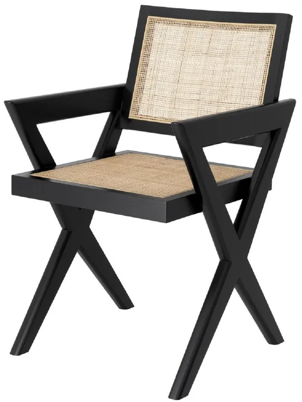 Echt Casa Padrino silla de comedor de lujo negro / natural 53 x 57 x A. 84,5 cm - Silla de madera maciza con reposabrazos y ratán tejido a mano - Muebles de comedor de lujo