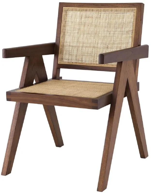 Casa Padrino silla de comedor de lujo marrón / natural 57 x 65,5 x A. 90 cm - Silla de madera maciza con reposabrazos y ratán tejido a mano - Muebles de comedor de lujo Knallerangebot