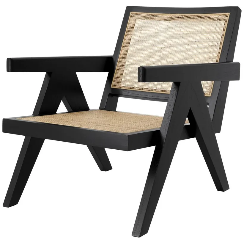 Sichere Zahlung Casa Padrino silla de diseño negro / natural 58 x 82 x A. 70 cm - Silla de madera maciza con reposabrazos y ratán tejido a mano - Muebles de Salón de Lujo