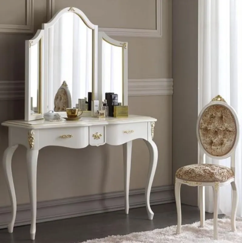 Jetzt Kaufen Casa Padrino conjunto de consola de espejo barroco de lujo marrón / blanco / oro - Mesa consola elegante con espejo y silla de señora - Muebles de dormitorio barroco de lujo