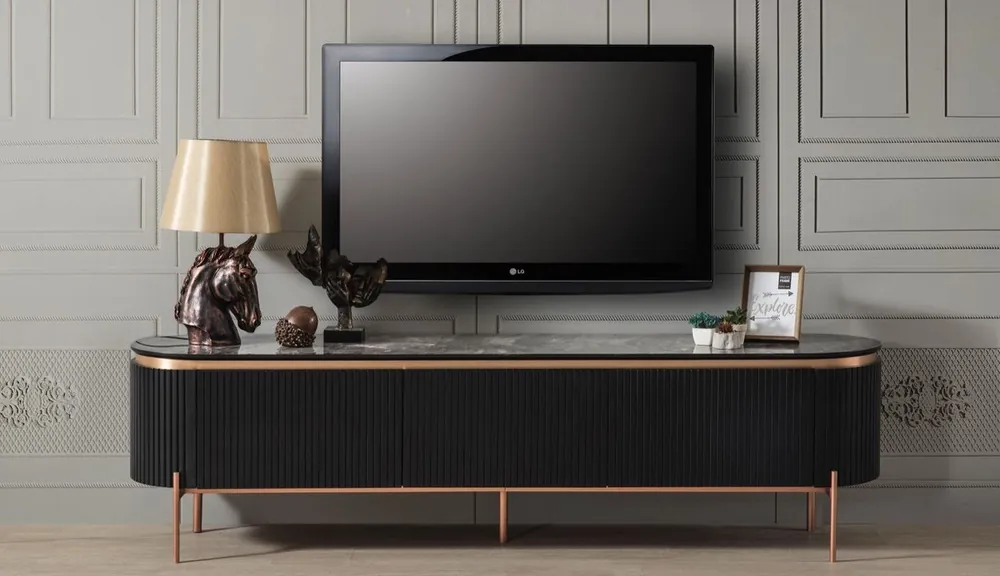 Casa Padrino gabinete TV de lujo negro / cobre 208 x 48 x A. 57 cm - Mueble de TV con 4 puertas - Muebles de salón de lujo Versand Am Gleichen Tag