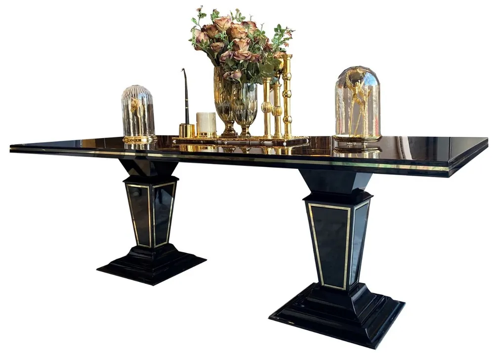 Casa Padrino mesa de comedor Art Deco de lujo marrón oscuro / negro / oro 220 x 110 x A. 76 cm - Noble mesa de comedor con sobre de vidrio - Muebles de comedor Art Deco Direkt Vom Hersteller