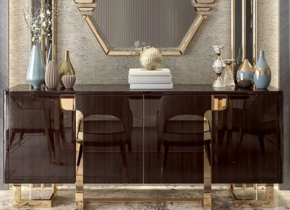Finale Aktion Casa Padrino aparador Art Decó de lujo marrón oscuro / oro 220 x 55 x A. 90 cm - Armario noble con 4 puertas - Muebles de Salón Art Deco