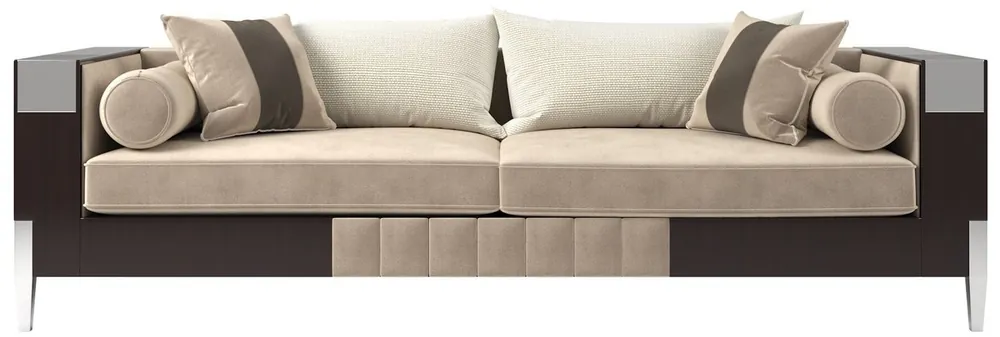 Casa Padrino sofá de terciopelo Art Deco de lujo beige / marrón oscuro / plata 257 x 84 x A. 83 cm - Sofá de salón noble - Calidad de Lujo - Muebles Art Deco Günstig