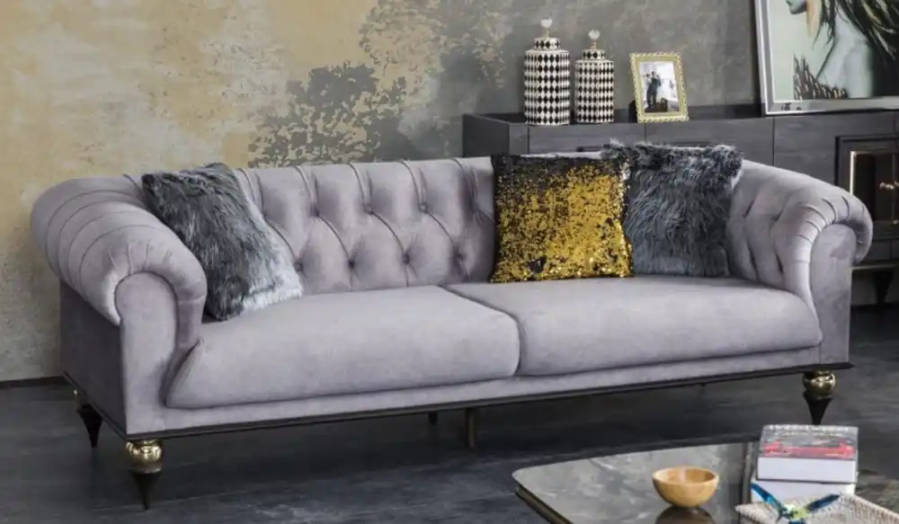 Casa Padrino sofá de salón Art Deco Chesterfield de lujo gris claro / negro / latón 230 x 100 x A. 82 cm - Muebles de Lujo Garantierte Lieferung