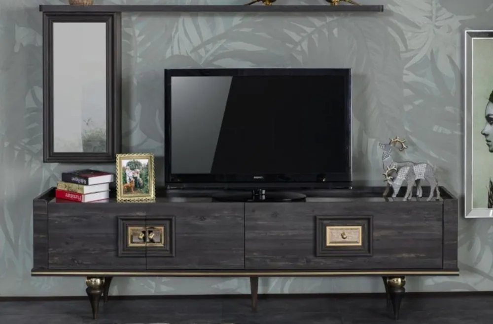 Casa Padrino gabinete TV Art Deco de lujo gris / negro / latón 226 x 44 x A. 65 cm - Noble gabinete de televisión con cajón y 2 puertas - Muebles Art Deco Letzte Chance