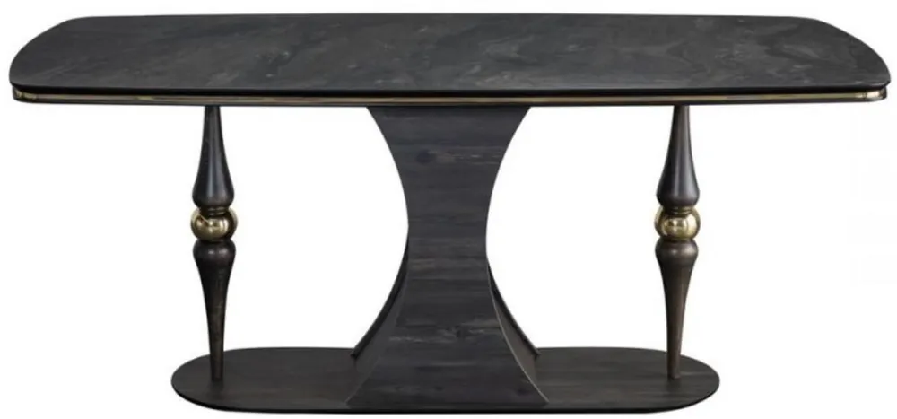 Casa Padrino mesa de comedor Art Deco de lujo gris / negro / latón 183 x 92 x A. 77 cm - Noble mesa de comedor con sobre de vidrio en aspecto mármol - Muebles de Comedor Art Deco Ausverkauf