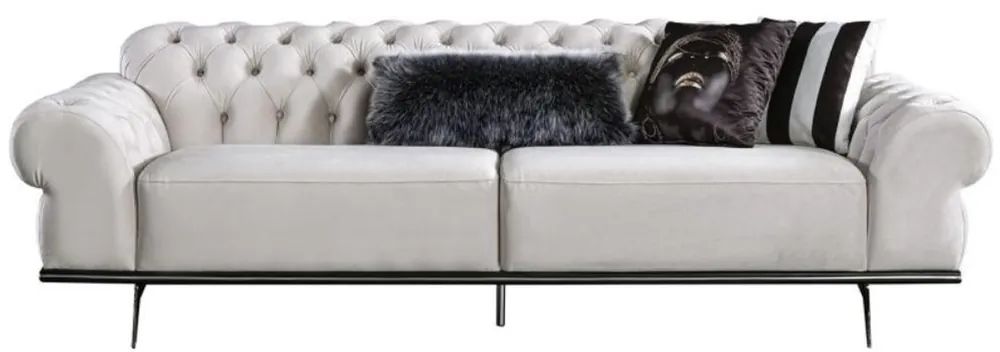 Casa Padrino sofá de salón Art Deco Chesterfield de lujo crema / plata 240 x 95 x A. 63 cm - Muebles de salón de lujo Top-Seller