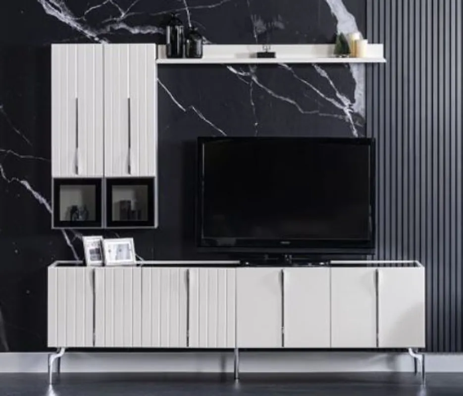 Preisknaller Casa Padrino gabinete TV Art Deco de lujo blanco / negro / plata 208 x 44 x A. 64 cm - Noble gabinete de televisión con 4 puertas - Muebles Art Deco
