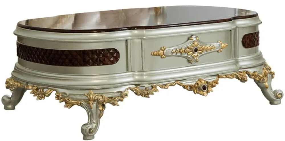 Preis Gesenkt Casa Padrino mesa de centro barroco de lujo marrón oscuro / plata / oro 132 x 95 x A. 50 cm - Mesa de salón de madera maciza magnífica - Muebles Barrocos