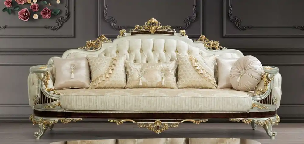 Casa Padrino sofá barroco de lujo crema / beige / marrón oscuro / plata / oro 260 x 90 x A. 125 cm - Sofá de salón de estilo barroco magnífica con elegante diseño - Muebles Barrocos Zertifiziert