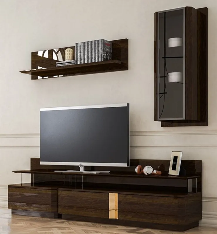 Casa Padrino conjunto de gabinete de TV para sala de estar de lujo marrón / gris / oro - 1 Gabinete de TV y 1 Gabinete de Pared y 1 Estante de Pared - Conjunto de muebles - Calidad de Lujo Zertifiziert