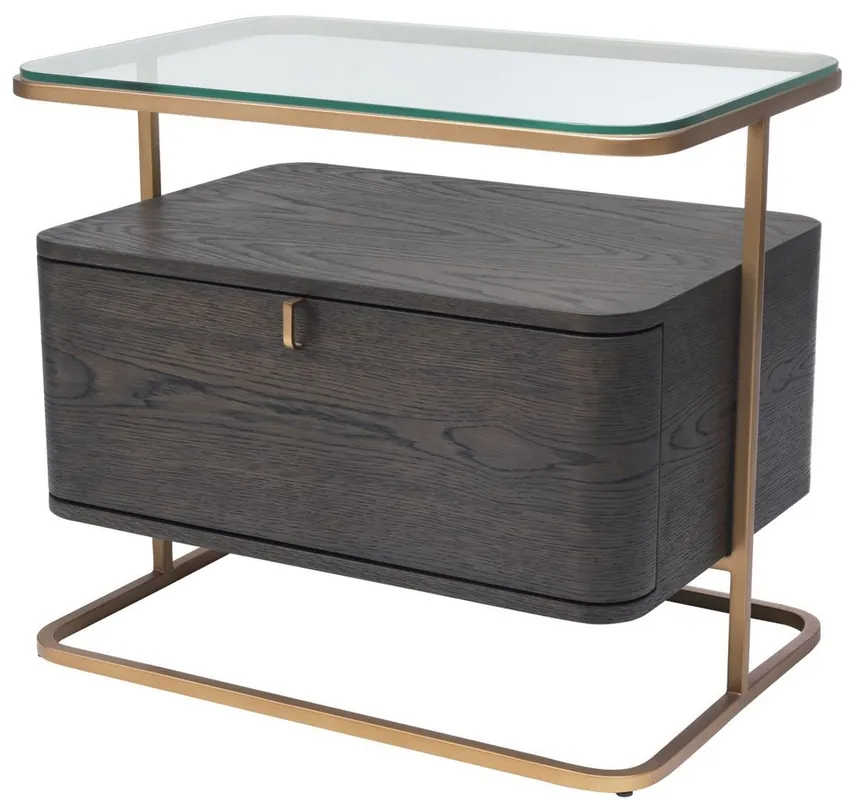 Preiswert Casa Padrino mesa auxiliar de lujo moca / latón 65 x 46 x A. 57 cm - Mesita de noche noble con placa de vidrio y cajón - Muebles de Lujo