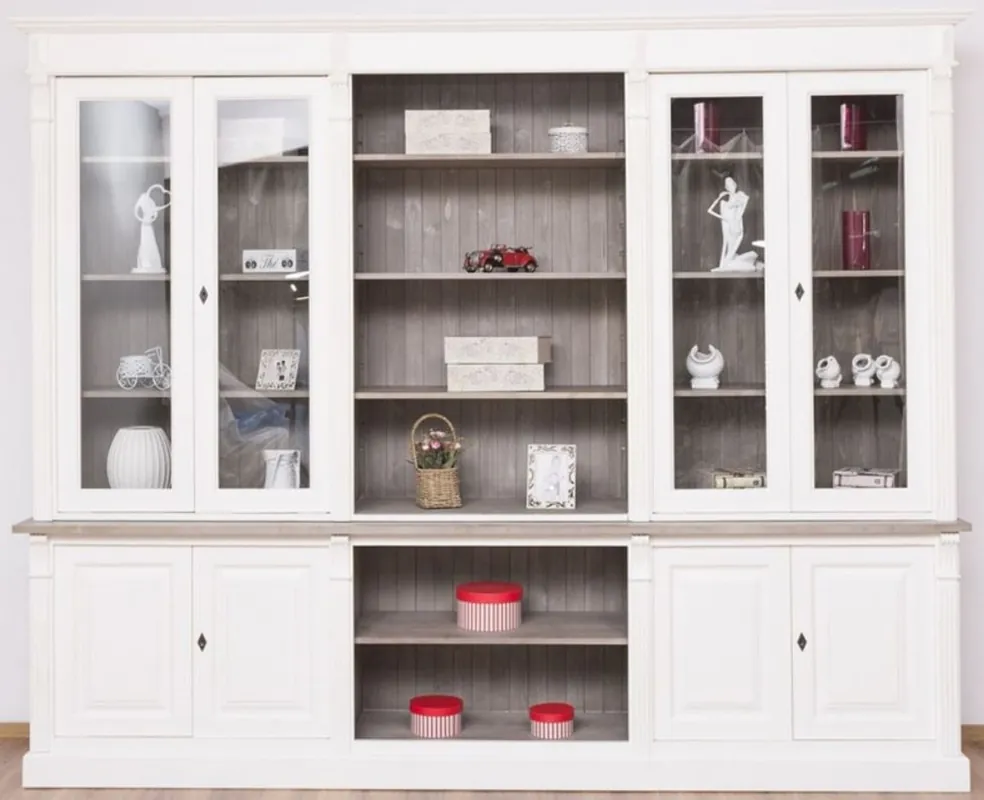 Preisknaller Casa Padrino armario de libros estilo campestre blanco / marrón gris 286 x 51 x A. 228 cm - Armario de madera maciza - Armario de salón - Armario de oficina - Muebles de estilo campestre