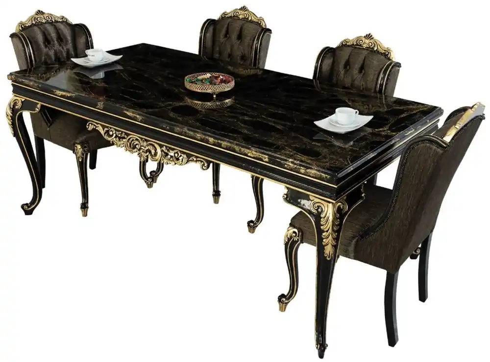 Casa Padrino Conjunto de Comedor Barroco de Lujo Negro / Oro - 1 Mesa de Comedor y 6 Sillas de Comedor - Muebles de Comedor Barrocos Nobles - Noble y Suntuoso Finale Aktion