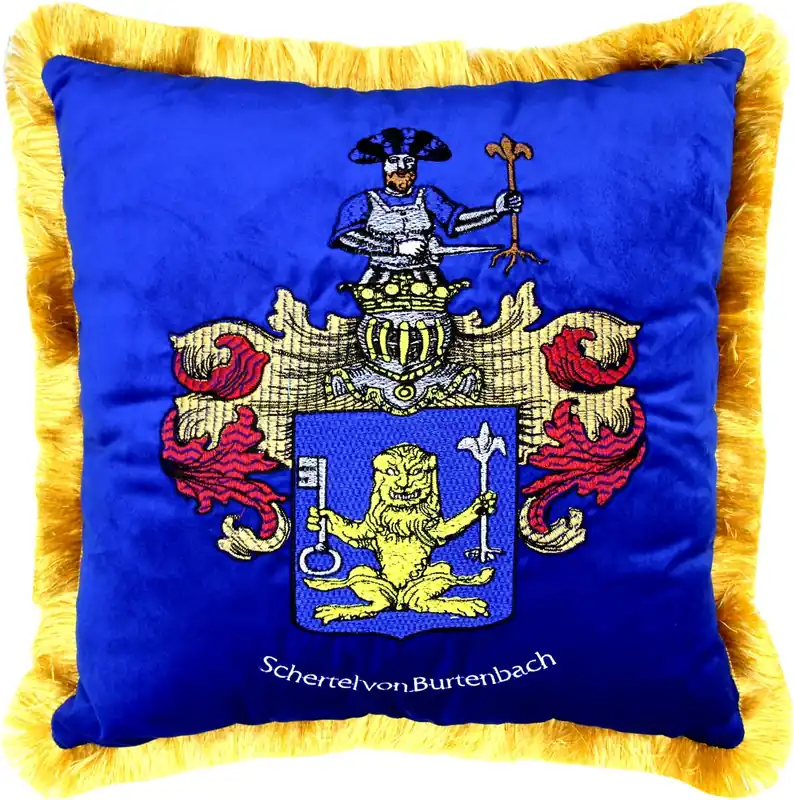 Sofort Bestellen Casa Padrino almohada decorativa de lujo escudo de armas Freiherr Schertel by Burtenbach azul real / dorado