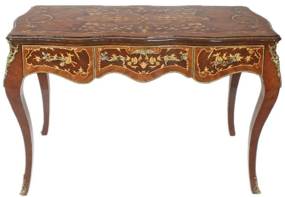 Casa Padrino escritorio barroco marrón / latón 140 x 60 x A. 80 cm - Mesa de oficina hecha a mano de madera maciza con 3 cajones y aplicaciones de metal macizo - Muebles de Oficina Barrocos Top-Angebot