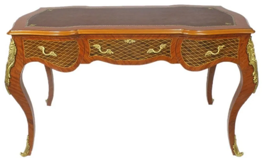 Sofort Bestellen Casa Padrino escritorio barroco marrón / latón 160 x 70 x A. 80 cm - Mesa de oficina hecha a mano de madera maciza con 3 cajones y aplicaciones de metal macizo - Muebles de Oficina Barrocos