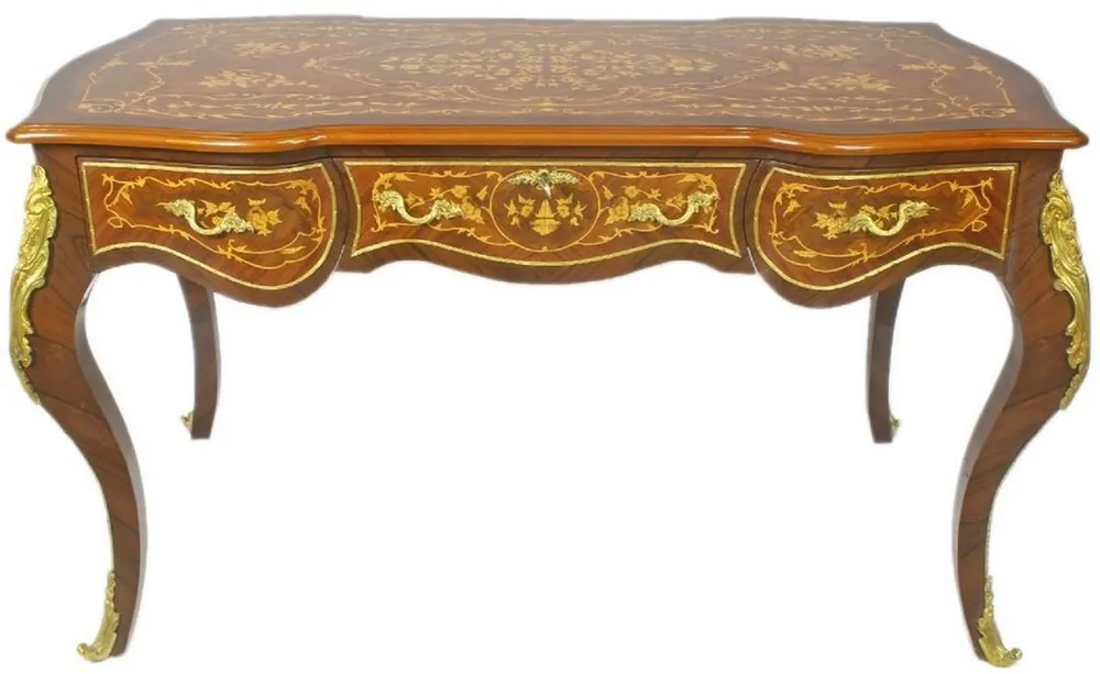 Kracherpreis Casa Padrino escritorio barroco marrón / oro 160 x 70 x A. 80 cm - Mesa de oficina hecha a mano de madera maciza con 3 cajones y aplicaciones de metal macizo - Muebles de Oficina Barrocos