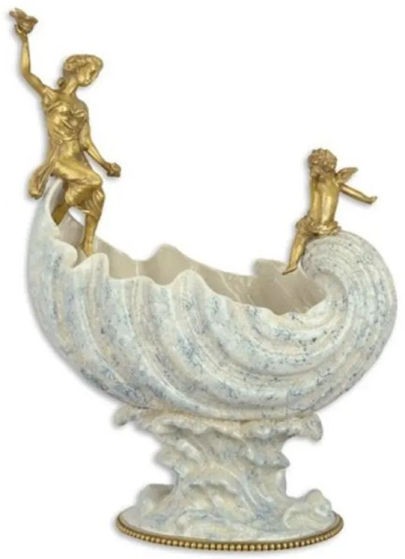 Casa Padrino cuenco de porcelana Art Nouveau con figuras de bronce blanco / azul / oro 36,1 x 20,2 x A. 49 cm - Accesorios de Decoración Barroca y Art Nouveau Bestseller